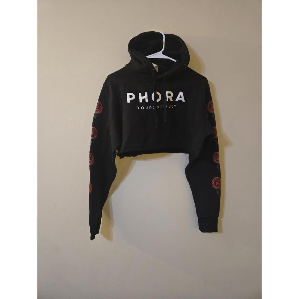 Phora Black Cropped Hoodie with Rose Sleeve Prints